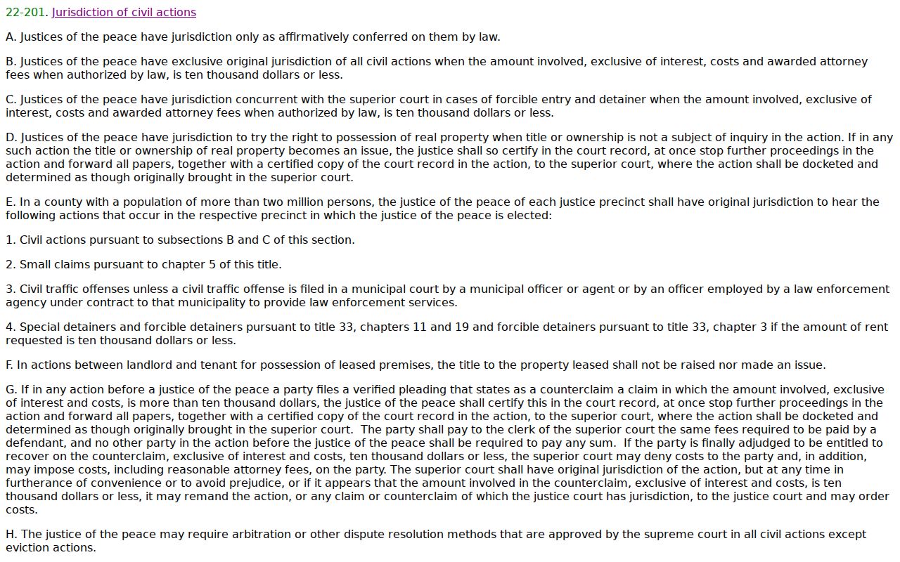Gila County civil docket justice court jurisdiction statute