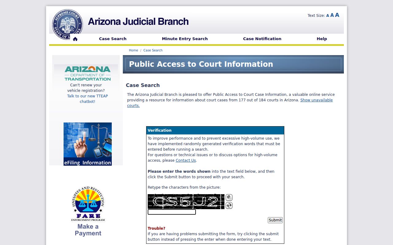Gila County case lookup on Arizona Public Access